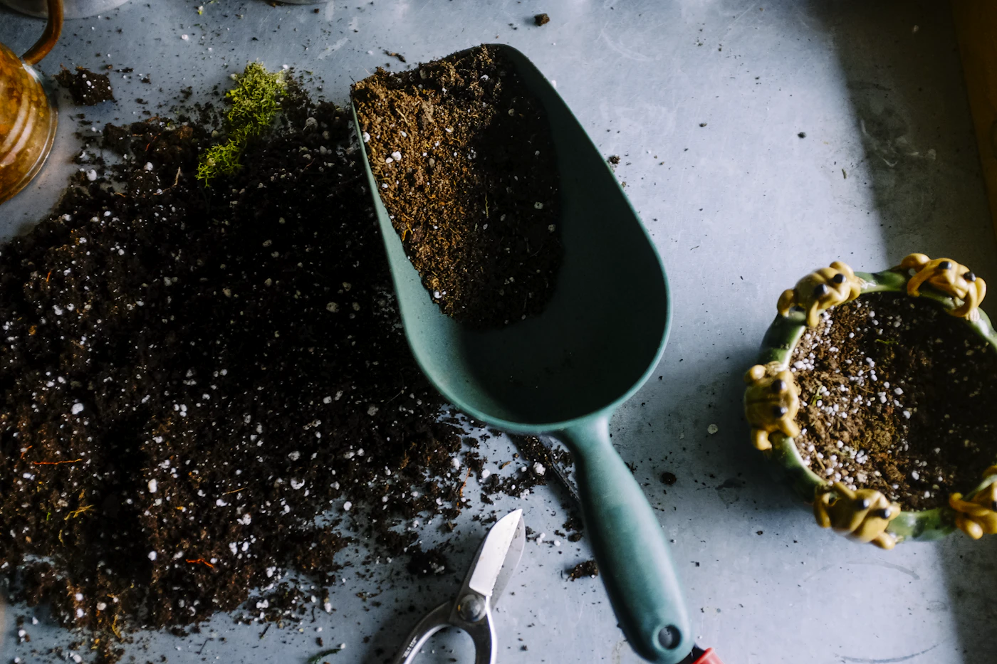 Attrezzi da giardinaggio e terriccio
